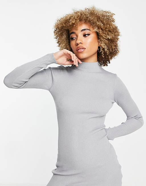 Women Missguided recycled high neck ribbed mini dress in grey 