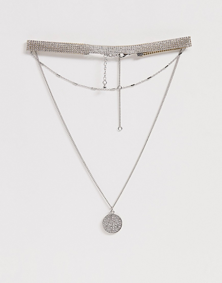 Missguided rhinestone coin triple layered necklace-Silver