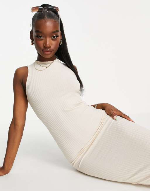 Missguided rib racer neck midi dress in cream