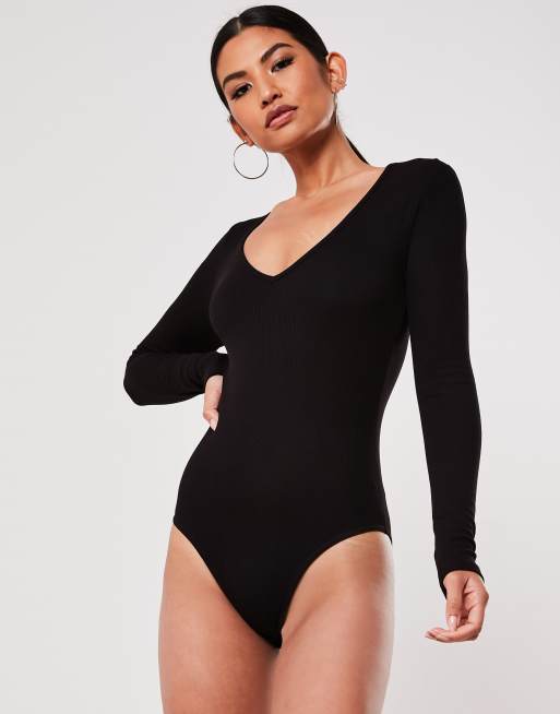 Missguided rib v neck bodysuit in black