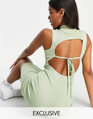 Missguided Ribbed Backless Midi Dress With High Neck In Sage - Part Of A Set-green