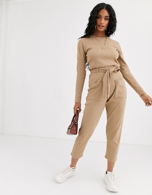 Missguided ribbed belted jumpsuit with pockets in camel