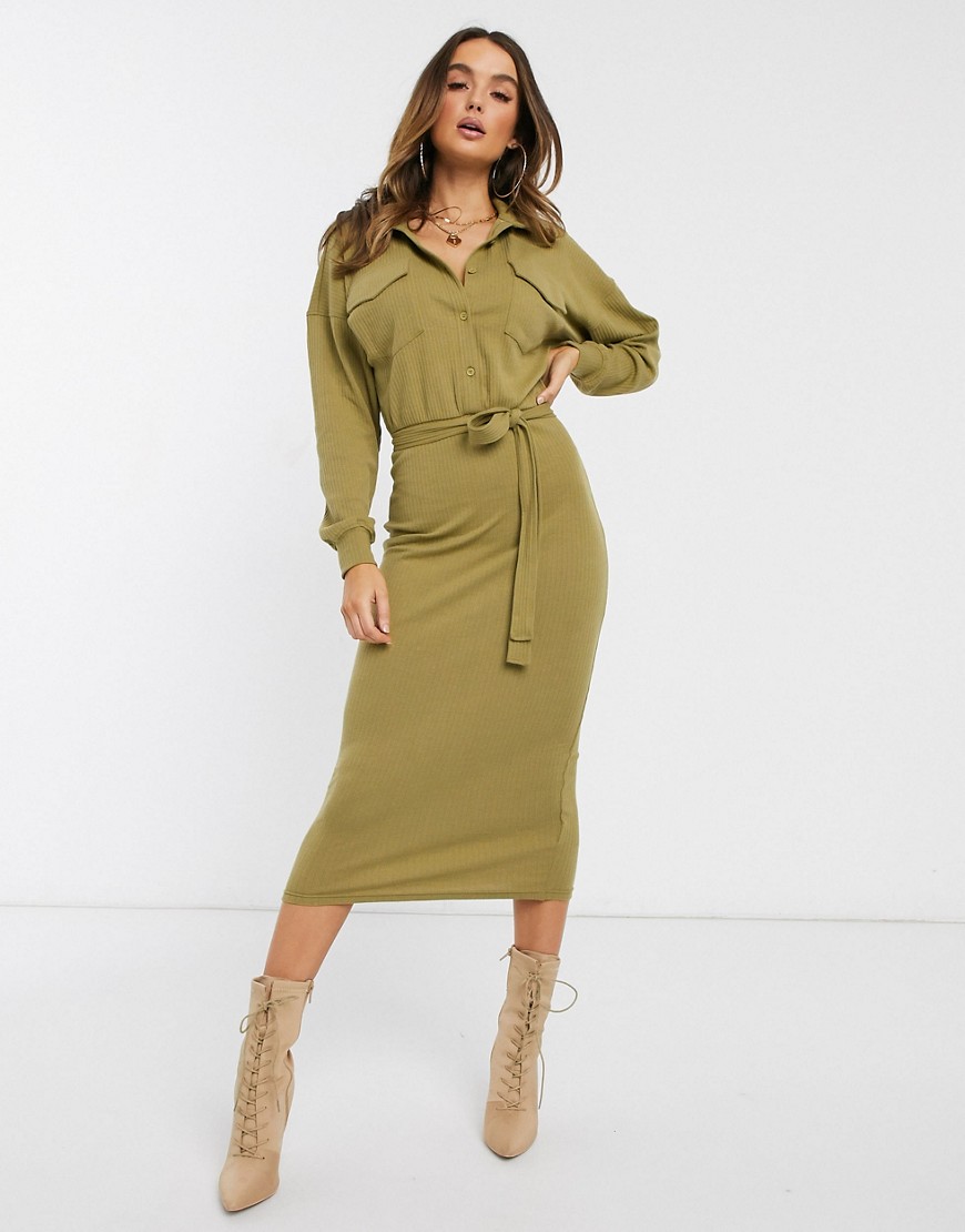 Missguided ribbed belted midi shirt dress in khaki-Green