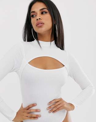 WHITE Ribbed High Neck Cut Out Bodysuit, Womens Tops