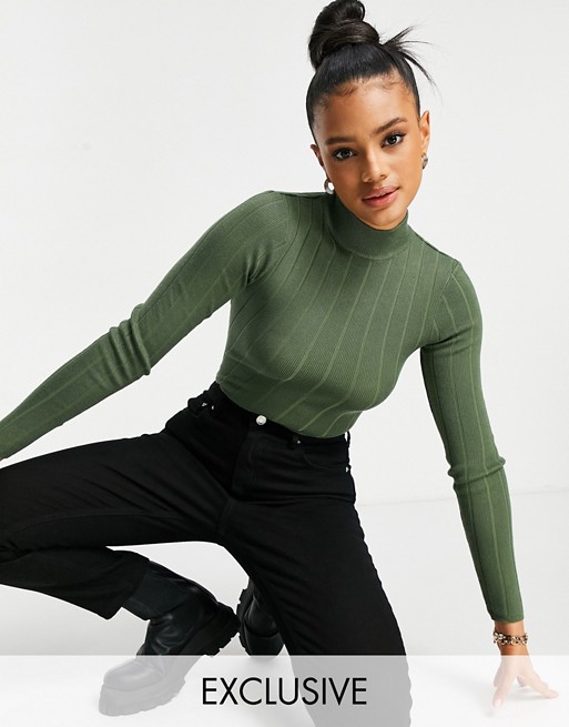 Missguided ribbed bodysuit with high neck in khaki