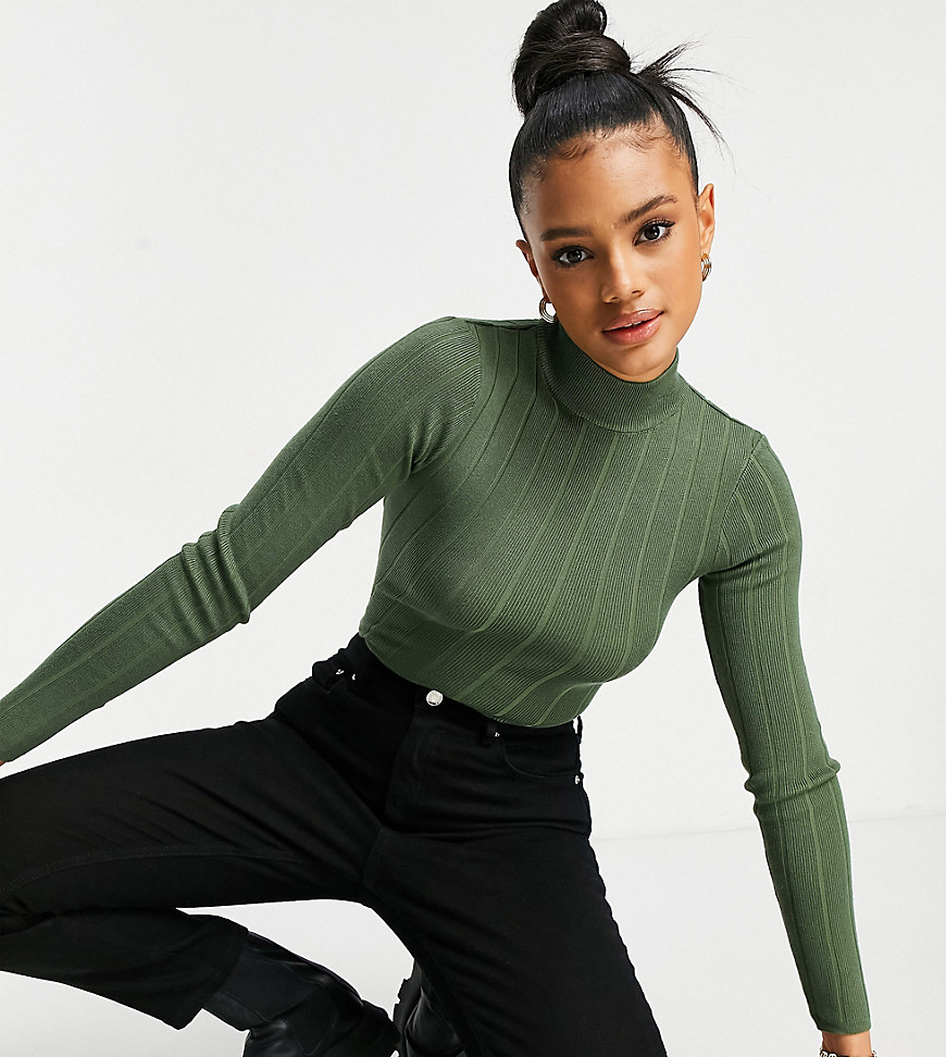 missguided ribbed bodysuit with high neck in khaki-green