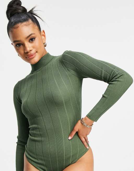 Julia Bodysuit - High Neck Ribbed Bodysuit in Khaki