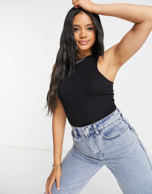 Missguided ribbed bodysuit with racer neck in black