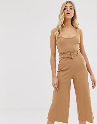 Missguided ribbed cami culotte jumpsuit with belted waist in camel | ASOS