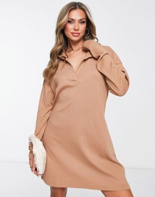 Missguided ribbed collared mini dress in camel - CAMEL