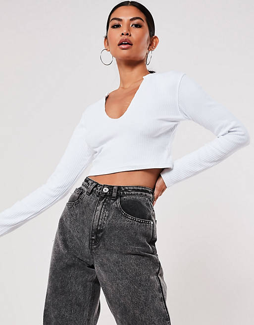 Missguided ribbed crop top with notch neck in white