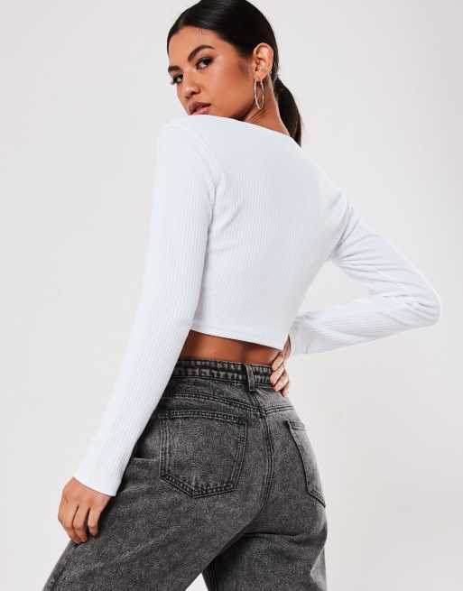 Missguided ribbed crop top with notch neck in white, 2 of 4
