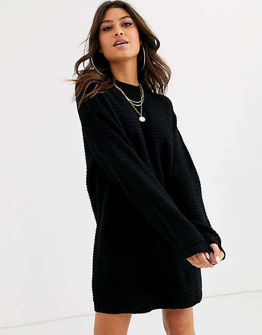 Missguided ribbed dress with high neck in black | ASOS