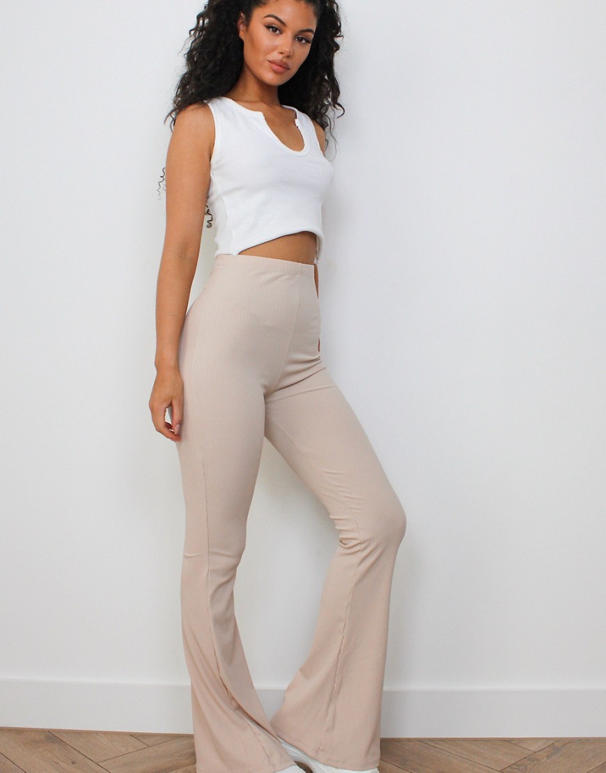 Missguided ribbed flare pant in stone-Neutral