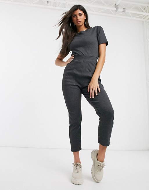 Missguided ribbed jumpsuit in charcoal