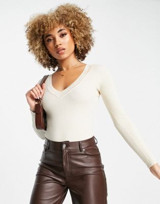 Missguided ribbed knit v neck body in sand