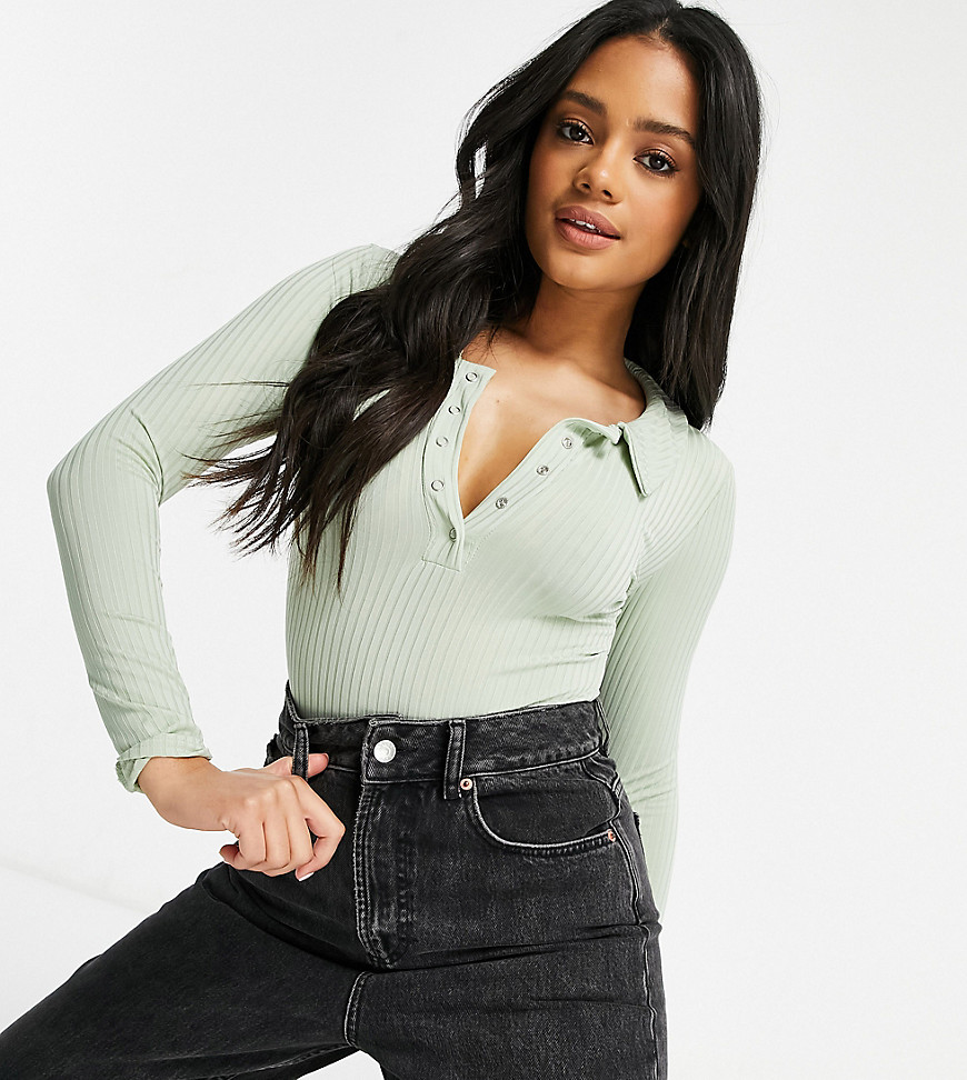 Missguided ribbed long sleeve bodysuit with collar in sage-Green