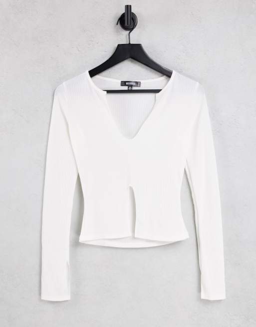 Missguided ribbed long sleeve top in cream ASOS
