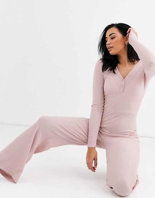 Missguided ribbed loungewear jumpsuit in blush