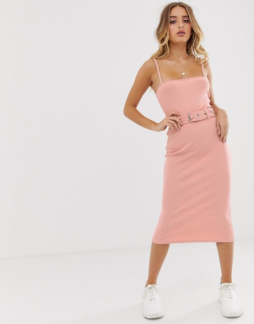 Missguided ribbed midi dress with belt in peach