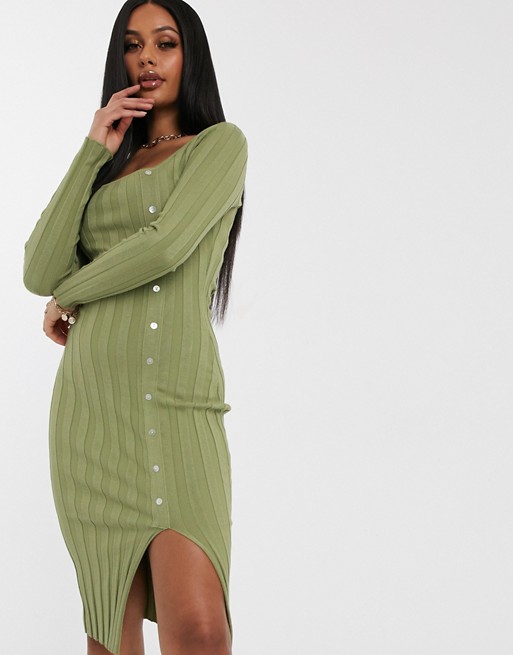 Missguided ribbed midi dress with button detail in green