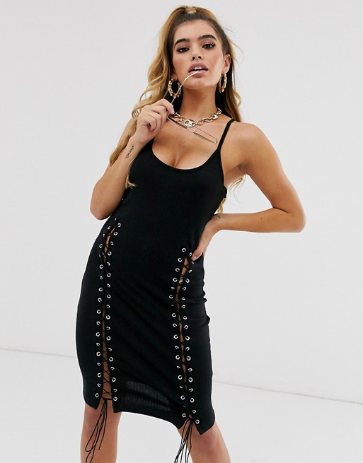 Missguided ribbed midi dress with lace up eyelet detail in black