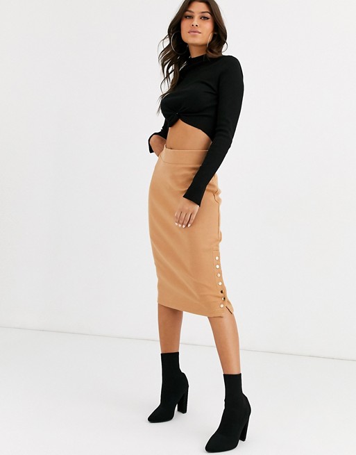 Missguided ribbed midi skirt with popper detail in camel