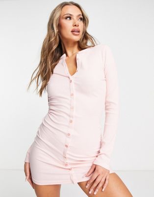 Missguided ribbed mini dress with long sleeves in pink