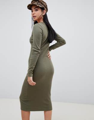 khaki ribbed midi dress