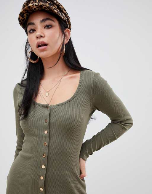 Missguided ribbed popper detail midi dress in khaki, 3 of 4