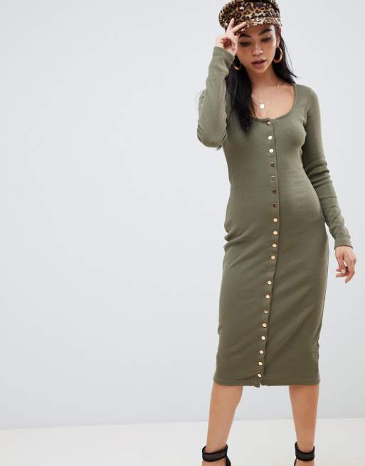 Missguided ribbed popper detail midi dress in khaki