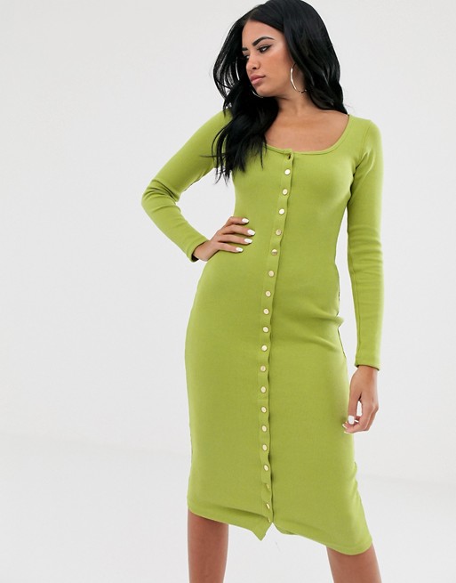 Missguided ribbed popper front midi dress in green