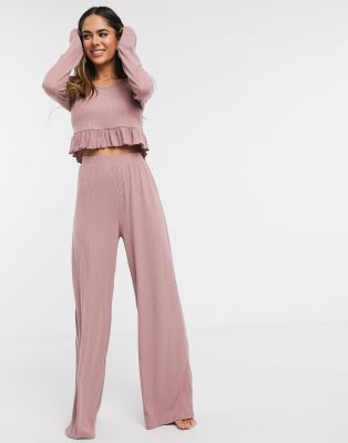 ribbed pyjama pants set with frill hem in pink