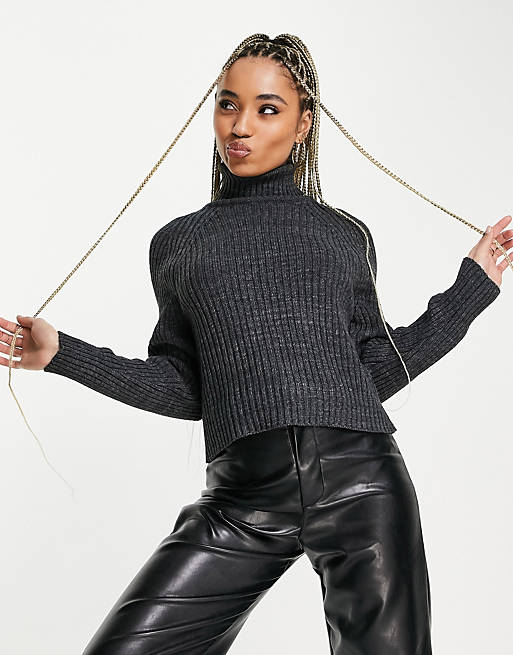 Women Missguided ribbed roll neck jumper in charcoal 