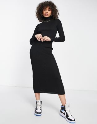 ribbed roll neck midaxi dress in black - BLACK