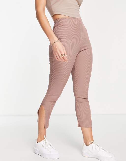 Brown Ribbed Split Hem Leggings