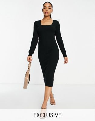 Missguided ribbed square neck knitted dress in black