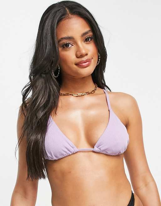 Missguided ribbed triangle bikini top in lilac