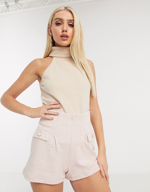 Missguided ribbed turtle neck crop top in beige