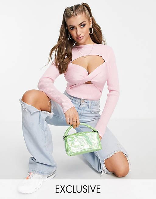 Tops Missguided ribbed twist front body in pink 