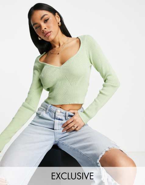 Missguided ribbed v-neck jumper in sage - view 1