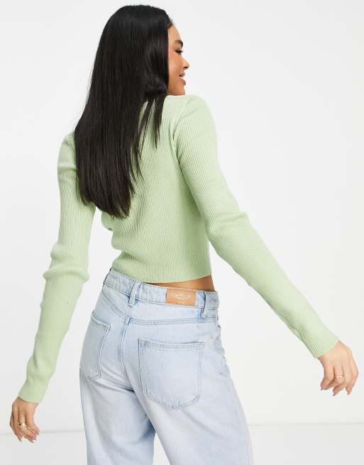 Missguided ribbed v neck sweater in sage