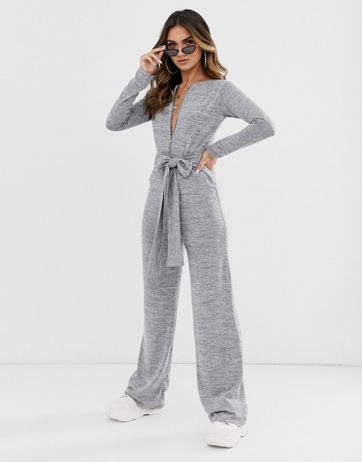 Missguided ribbed wide leg jumpsuit with zip through and tie waist in grey