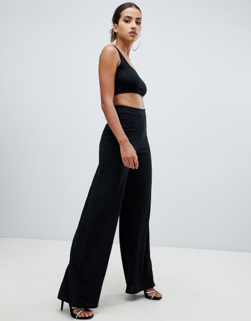 Missguided Ribbed Wide Leg Trousers In Black Asos 