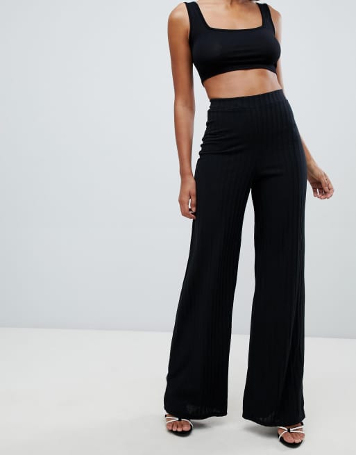 Black ribbed clearance wide leg trousers