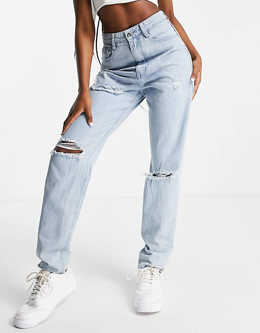 Missguided Riot high rise mom jean with cut hem in lightwash blue