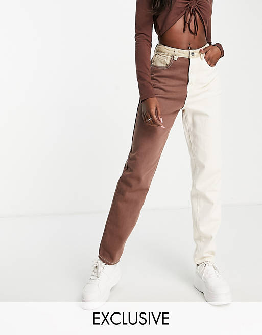 Women Missguided riot mom jeans with neutral patch detail in cream 