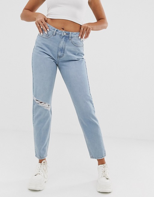 Missguided riot mom jeans with rip in stonewash