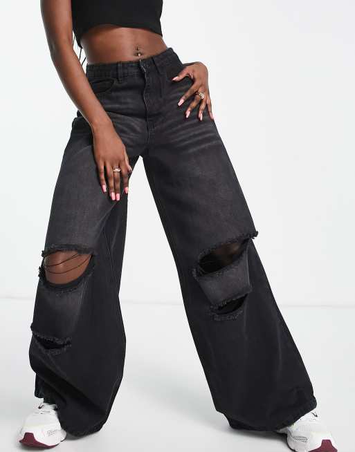 black ripped baggy jeans womens