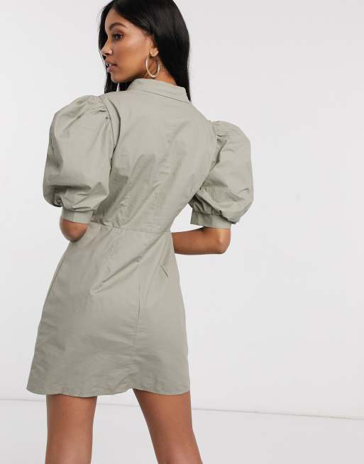 Missguided Robe chemise en popeline manches bouffantes Sauge